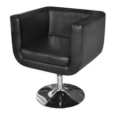 a black leather chair sitting on top of a metal base