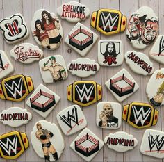 decorated cookies with wwe logos on them