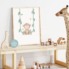 a giraffe standing next to a wooden table with toys on top of it