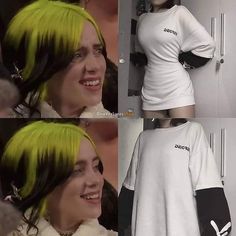 a woman with green hair wearing a white shirt