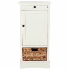 a white cabinet with wicker baskets on the bottom and one door open to reveal a drawer