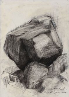 charcoal drawing of rocks with one rock on the ground and another in the foreground