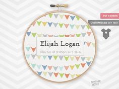 a cross stitch pattern with the name person on it and an image of a baby's birth date