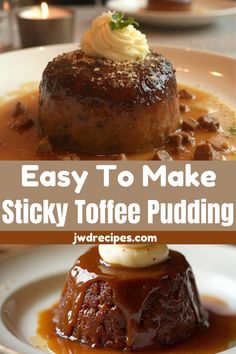 sticky toffe pudding on a white plate with caramel sauce