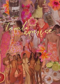 a collage of women in orange and pink dresses, with the words tequila las cabana on it