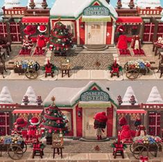 two pictures of christmas decorations in front of a store with santa's helpers