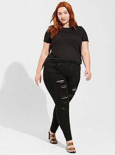 Plus Size Bombshell Skinny Premium Stretch High-Rise Destructed Jean, BLACK Black Jeans Plus Size, Most Comfortable Jeans, Destructed Jeans, Flattering Jeans, Premium Denim Jeans, Jeans Plus Size, Best Jeans, Distressed Black Jeans, Premium Denim