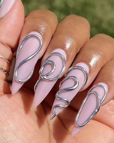 3d Squiggle Nails, Techno Nails Ideas, Long Nails Ombre, Nail Asthetic, Stiletto Nails Long, Nails Gray, Jelly Stickers, Nails Star, Firework Nails