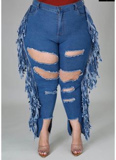 These plus size jeans are all the rave. Make moves in this Medium wash distressed high rise jeans with side tassels. True to size Plus Jeans, Stretch Denim Pants, Daily Fashion Inspiration, African Lace Dresses, Plus Size Denim, Short Sleeve Romper, Plus Size Jumpsuit, Blue Midi Dress, Plus Size Jeans