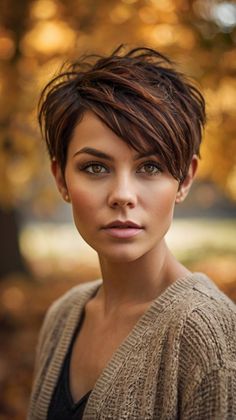 Trendy Soft Waves with Dark Fall Hair Colors 2024 🍂 Pixie Messy Hair, Short Hair Middle Part Hairstyles, Lowlights For Brown Hair Short, Short Hair Dark Brown With Highlights, Versatile Pixie Haircut, Fall Pixie Hair Color For Brunettes, Fall Haircuts 2024 Short, Winter Pixie Haircut, Dark Gray Hair Color Ideas