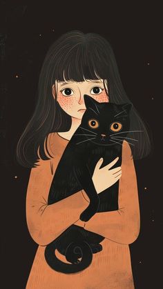 a girl holding a black cat in her arms and looking at the sky with stars