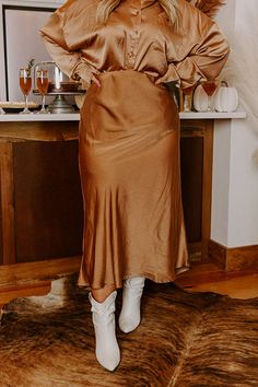 Sleek Sophistication Satin Skirt in Camel Curves Brown Satin Skirt, Satin Brown Skirt, Brown Slip Skirt Plus, Copper Satin Midi Skirt, Gold Satin Skirt, Satin Button Up, Satin Skirt, Beautiful Skirts, Women Clothing Boutique