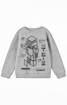 Online Only! Unleash your creative side with the new Kids Minecraft Crew Neck Sweatshirt. This comfy sweatshirt has a crew neckline, long sleeves, ribbed cuffs & hem, a soft fabrication, and Minecraft graphics printed on the front.


	Crew neckline
	Long sleeves
	Standard fit
	Front graphic
	60% Cotton, 40% polyester
	Ribbed cuffs & hem
	Machine washable Winter Long Sleeve Sweatshirt With Character Print, Unisex Long Sleeve Winter Sweatshirt, Fleece Crew Neck Sweatshirt With Character Print, Winter Crew Neck Sweatshirt With Character Print, Unisex Long Sleeve Winter Tops, Minecraft Creepers, Comfy Sweatshirt, Creepers, Grey Sweatshirt