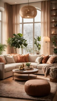 a living room filled with lots of furniture and plants in the window sills