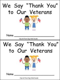 two thank cards with the words, we say thank to our veterans