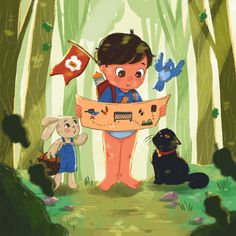 a boy is holding a map in the woods with two dogs and a bird nearby