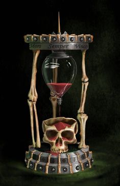 a skeleton holding a hourglass with a red liquid in it