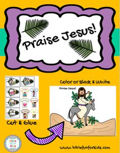 a book with an image of jesus on the donkey and palm leaves in purple, yellow and green