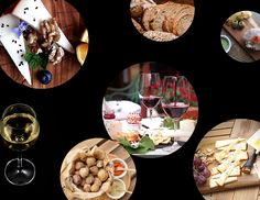 several different types of food and wine are arranged in the shape of circles on a black background