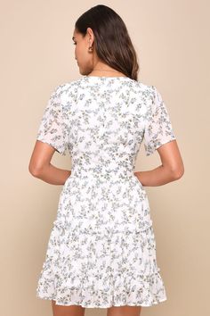 White Floral Print Dress - Tiered Mini Dress - Day Dress - Lulus White Chiffon Mini Dress With Short Sleeves, Fitted Tiered Chiffon Dress For Spring, Floral Print Short Sleeve Chiffon Dress For Brunch, Fitted Chiffon Dress With Short Sleeves For Brunch, White Floral Print Dress, Tiered Mini Skirt, Chiffon Mini Dress, Floral Print Chiffon, Cup Sizes