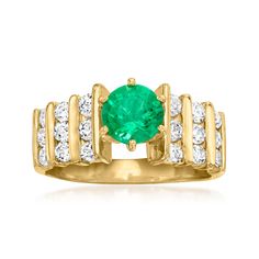 Ross-Simons - C. 1980 Vintage 1.09ct Emerald, 1.10ct t. w. Diamond Ring Size 8. C. 1980. Here, classic gemstones take on a modern design. Presented by our Estate collection, this ring features a band of 1.10 ct. t. w. round brilliant-cut diamonds channel-set in polished 14kt yellow gold that finishes with a verdant 1.09 carat emerald centerpiece for a touch of eye-catching appeal. 5/16" wide. Diamond and emerald ring. Exclusive, one-of-a-kind Estate Jewelry. Emerald birthstones are the perfect g Green Round Diamond Ring With Channel Set, Classic Formal Emerald Ring Channel Set, Classic Formal Emerald Ring With Channel Set, Classic Green Channel Set Ring, Formal Emerald Ring With Channel Set Round Cut, Formal Channel Set Round Cut Emerald Ring, Classic Round Cut Channel Set Emerald Ring, Fine Jewelry Emerald Ring Channel Set, Fine Jewelry Emerald Ring With Channel Set