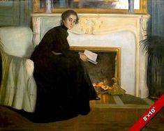 a painting of a woman sitting on a chair in front of a fireplace with a book