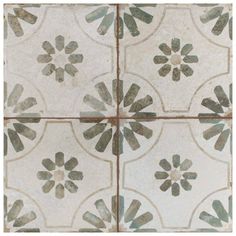 four square tiles with different shapes and sizes in grey, white and green colors on them