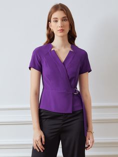 Purple Collared Top With Pockets, Classic Purple Short Sleeve Shirt, Purple V-neck Blouse For Summer, Purple Cotton V-neck Blouse, Playful Purple Short Sleeve T-shirt, Drape Sleeves, Draped Top, Plain Tops, V Cuts