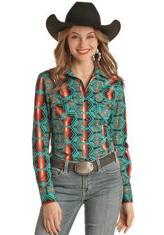 Great looking short sleeve snap up western shirt by Rock & Roll Cowgirl. It has a bright, fun teal aztec pattern throughout and a black snap up closure. 100% Cotton Ladies Western Shirts, Womens Work Shirt, Mens Work Shirts, Farm And Ranch, Teal Shirt, Western Store, Rodeo Outfits, Turquoise Print, Skirts With Boots