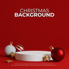 a red background with white and gold ornaments on the bottom, and text that reads christmas background