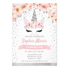 a unicorn birthday party with pink roses and silver foil on the front, white background