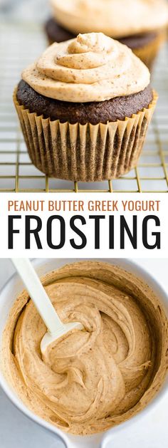 peanut butter greek yogurt frosting in a cupcake