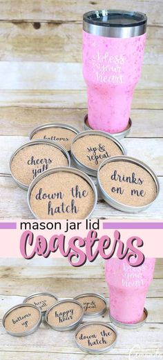 mason jar lid coasters with the words mason jar lid coasters printed on them