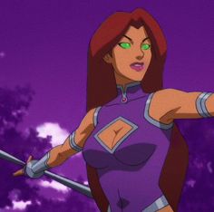 an animated image of a woman with green eyes holding two swords in her hands and looking at the camera