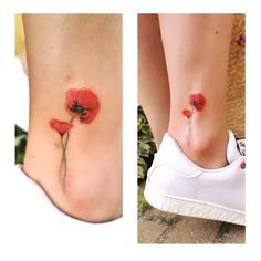 two pictures of the same person with tattoos on their feet and one has a red flower