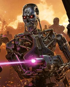 an image of a robot that is in front of some other robots and fireballs