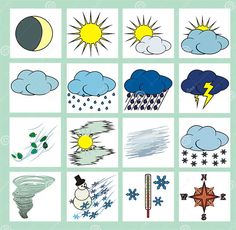 the weather symbols are shown in four different colors and shapes, including clouds, rain, sun