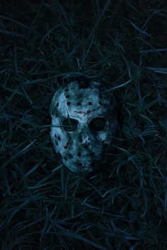 a hockey mask laying in the grass