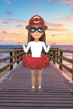 a girl in a fireman's outfit standing on a pier