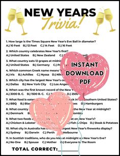 a new year's trivia with two hearts and wine glasses on top of it