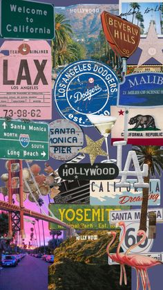 a collage of various street signs in different colors and sizes, including palm trees