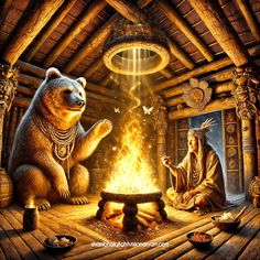 two bears sitting in front of a fire with food on the table next to them