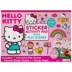 the hello kitty sticker activity pad with play scenes is shown in pink and white