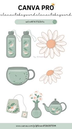 an image of some flowers and teapots with the words canva pro on it