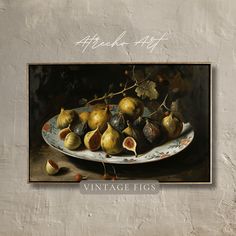 a painting of figs on a plate with the words vintage figs above it