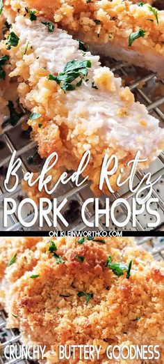 baked rits and pork chops on a baking rack with text overlay that reads baked rits and pork chops