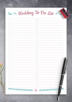 a wedding to do list on top of a table with a pen and flower in the middle