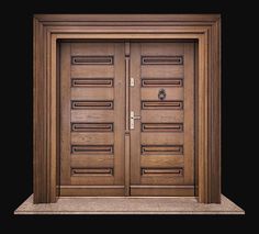 two wooden doors with metal handles on black background