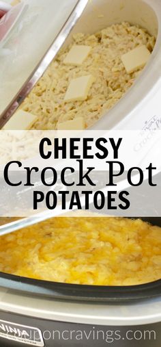 cheesy crock pot potatoes on top of an instant pressure cooker with text overlay that reads, cheesy crock pot potatoes