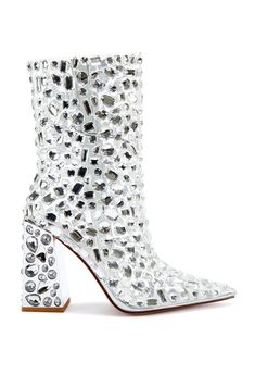 AGAVE-SILVER CRYSTAL HEELED BOOTIE | AZALEA WANG Silver Heeled Boots With Reinforced Heel For Party, Glamorous High Heel Boots With Silver Studs, Glamorous Party Boots With Silver Studs, Glamorous Silver Pointed Toe Boots, Silver Ankle Heeled Boots For Party, Glamorous Silver Boots With Reinforced Heel, Glamorous Silver Heeled Boots With Pointed Toe, Chic Silver Boots With Bling, Glamorous Silver Heeled Boots For Night Out